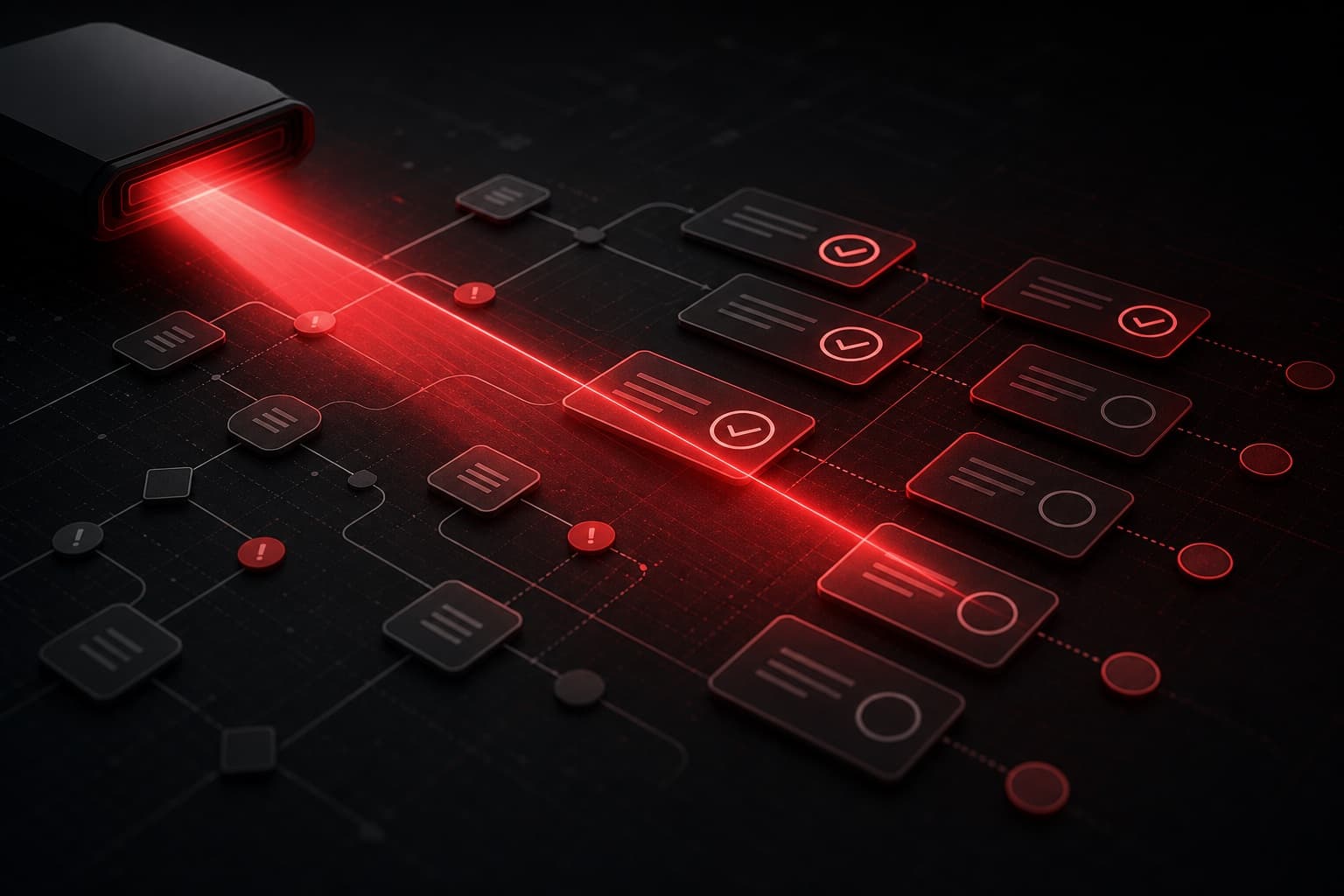 AI automation audit workflow map with red scanning beam prioritizing connected business processes on a dark background