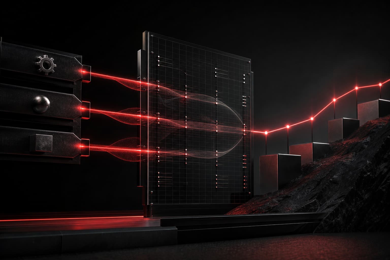 AI client handoffs for service businesses represented by red workflow signals moving through a dark review grid toward clear client-ready outcomes.