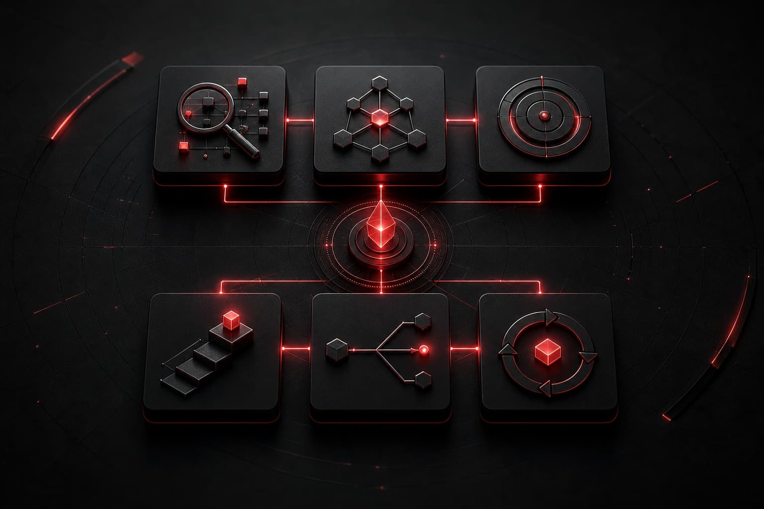 AI competency framework for service business teams shown as six dark capability modules connected by precise red review and improvement pathways.