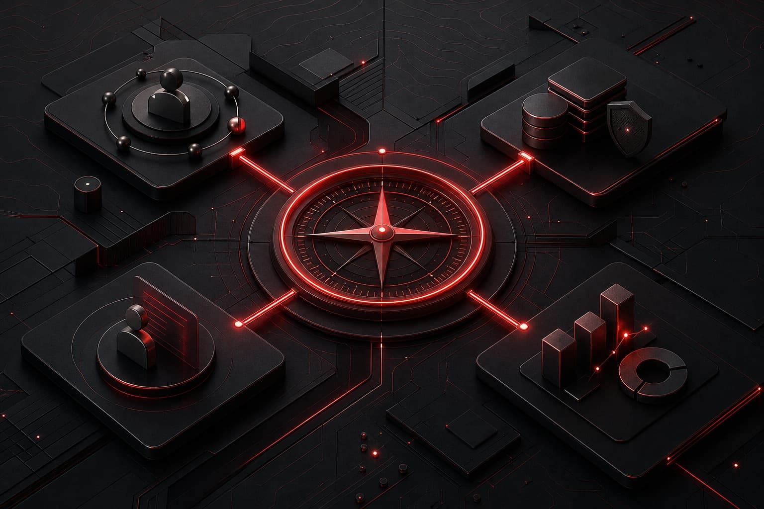 AI governance for service businesses shown as a red-lit decision compass connecting ownership, approved data, review, and business outcomes.