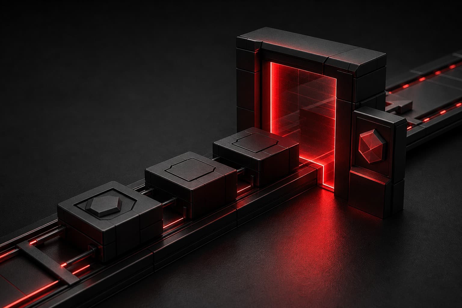 AI implementation change control shown as dark workflow modules moving through a precise red-lit review gate.