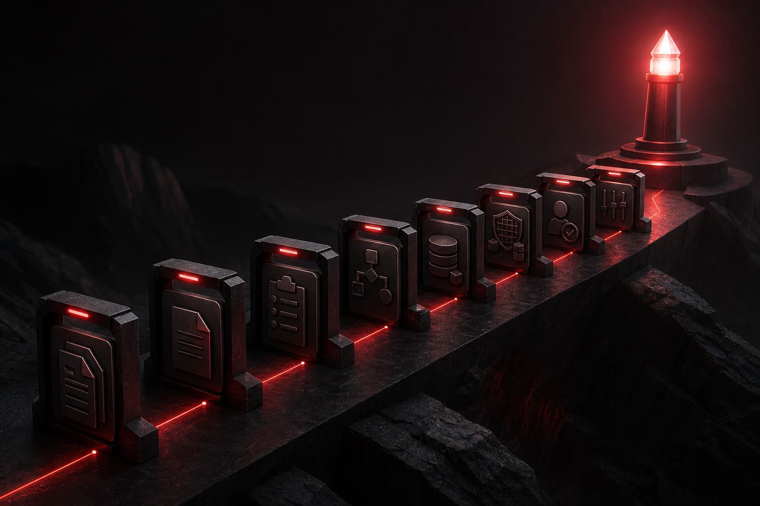 AI implementation checklist shown as seven dark workflow control gates connected by red light toward a clear decision beacon.
