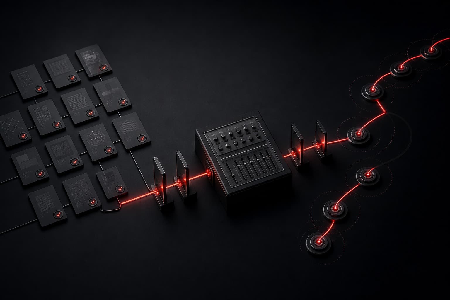 AI implementation plan for service workflows shown as a dark red-lit path moving from verified source cards through review gates into a repeatable operating cadence.