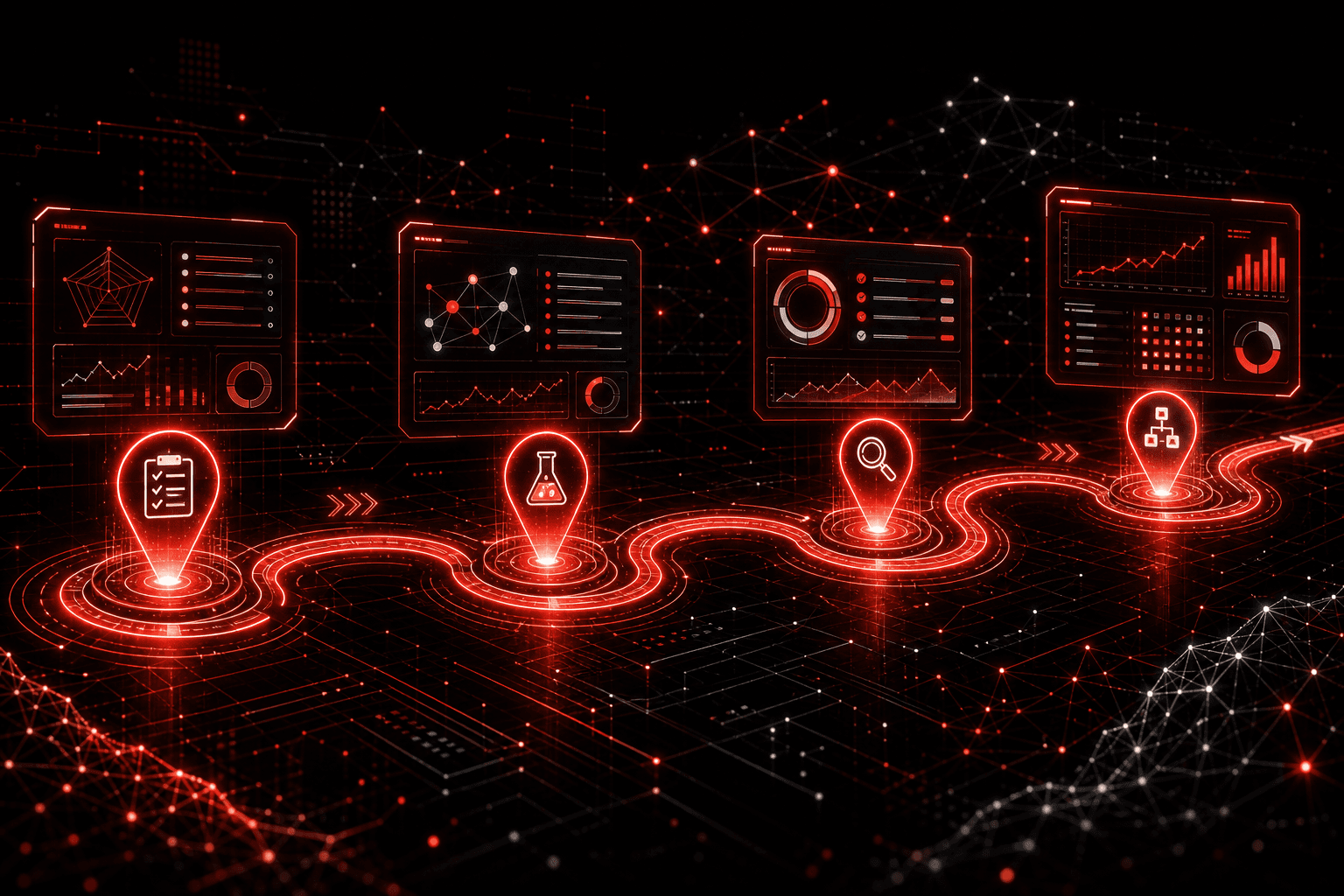 AI implementation roadmap shown as a glowing red circuit path connecting assessment, pilot, review, and scaled workflow stages.