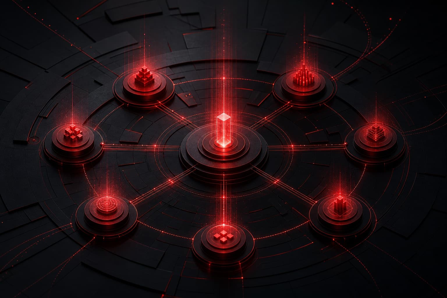AI leadership cadence shown as a dark operational hub with red decision nodes connected in a weekly rhythm.