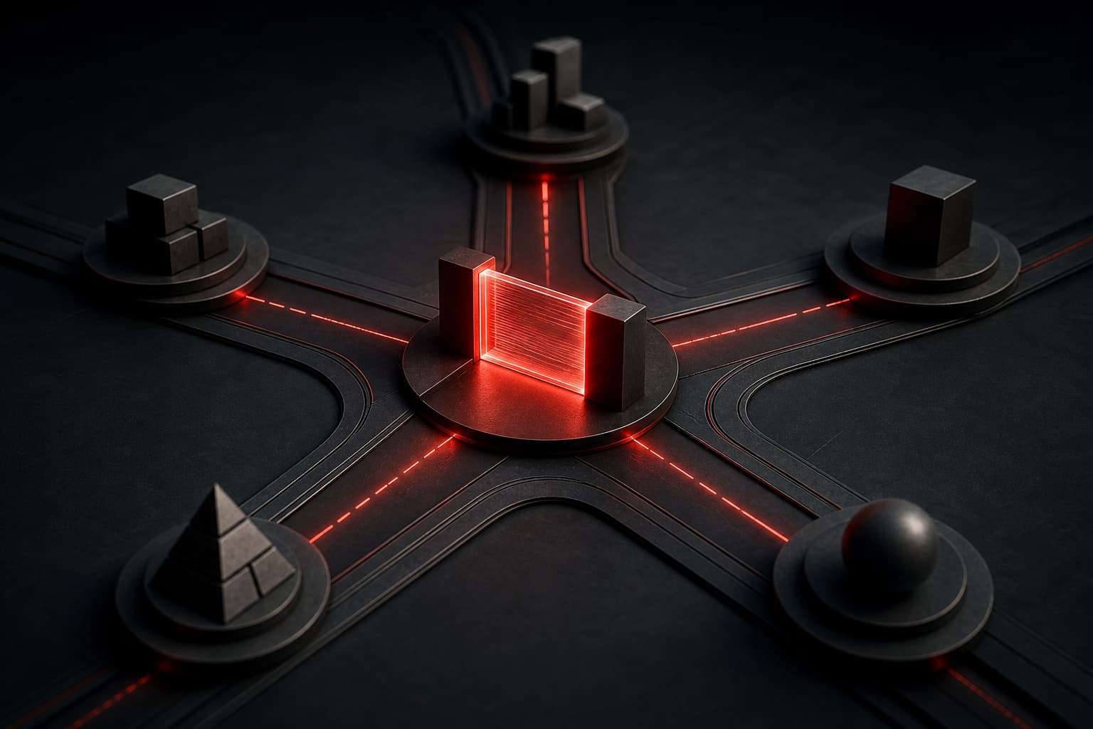AI leadership decision rights represented by five dark service-workflow paths converging through a red illuminated authorization gate.