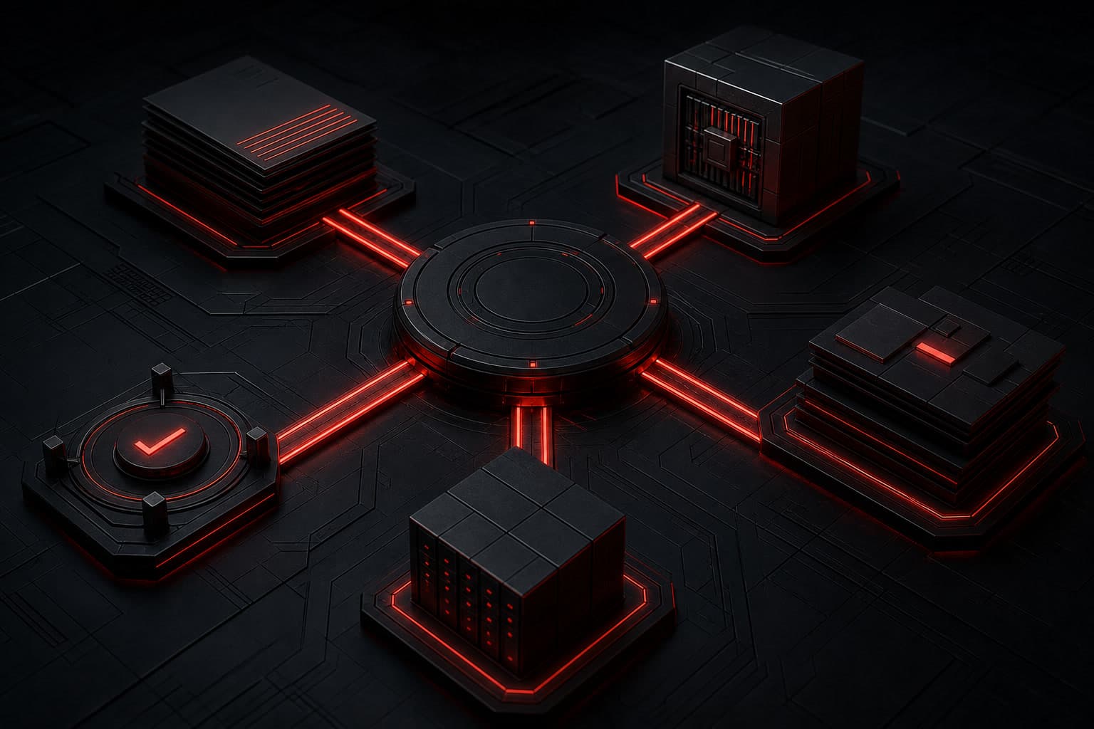 AI leadership operating system for service firms shown as a dark central command hub connected by red pathways to geometric workflow, approval, archive, and service modules.