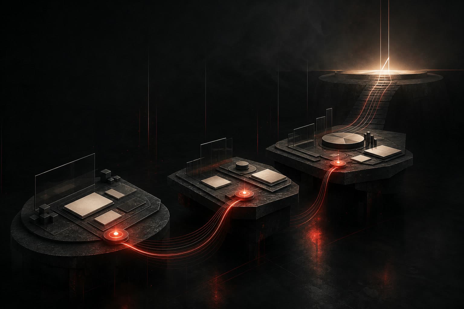 AI leadership plan shown as three dark operational platforms connected by red light toward a clear decision horizon.