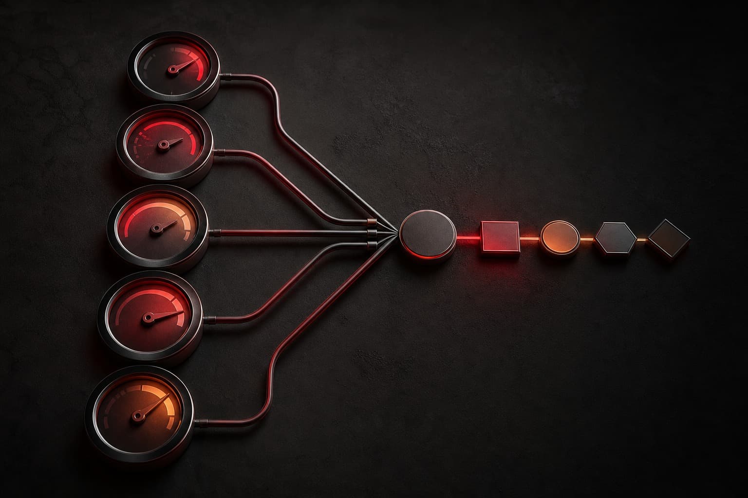 AI operations scorecard represented by five dark physical gauges with red and amber signals converging into a clear decision path.