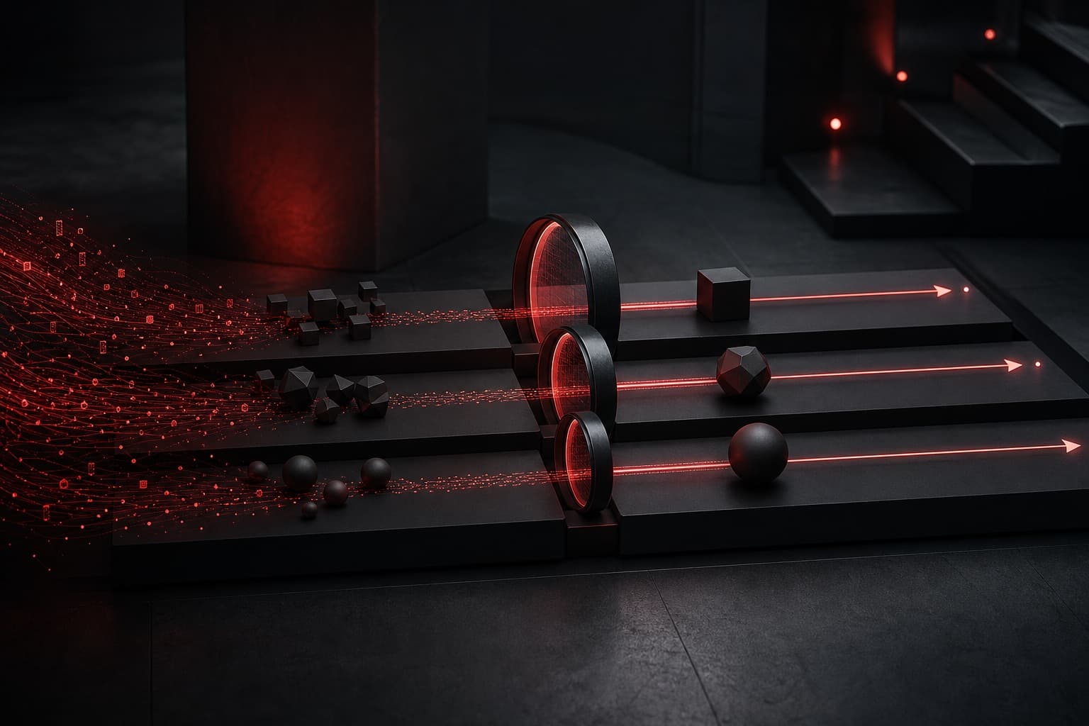 AI peer review for service teams shown as three red-lit workflow lanes passing through dark review lenses toward approved outputs.
