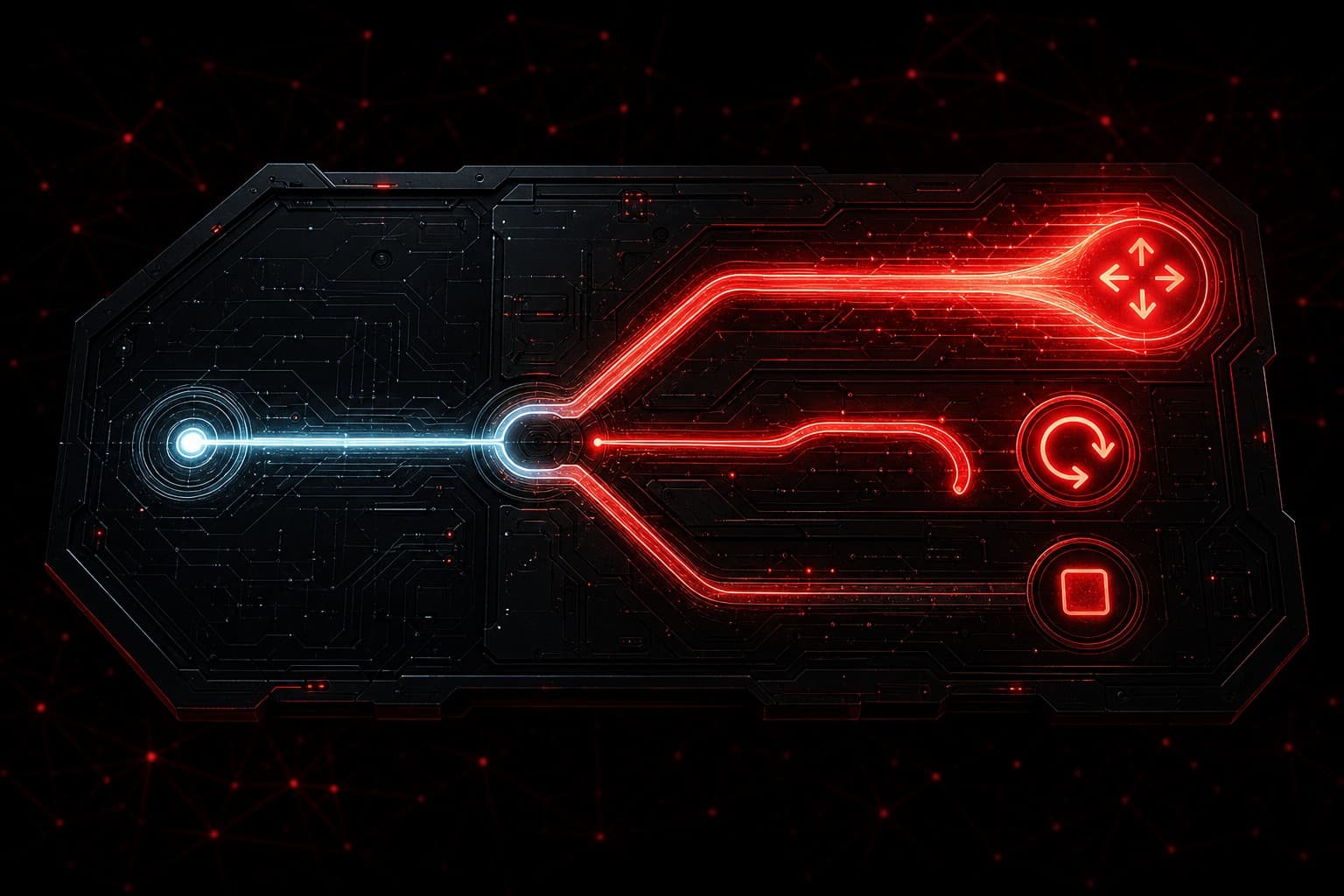 AI pilot scale decision shown as a dark control panel with a red signal path splitting toward expand, revise, and stop.