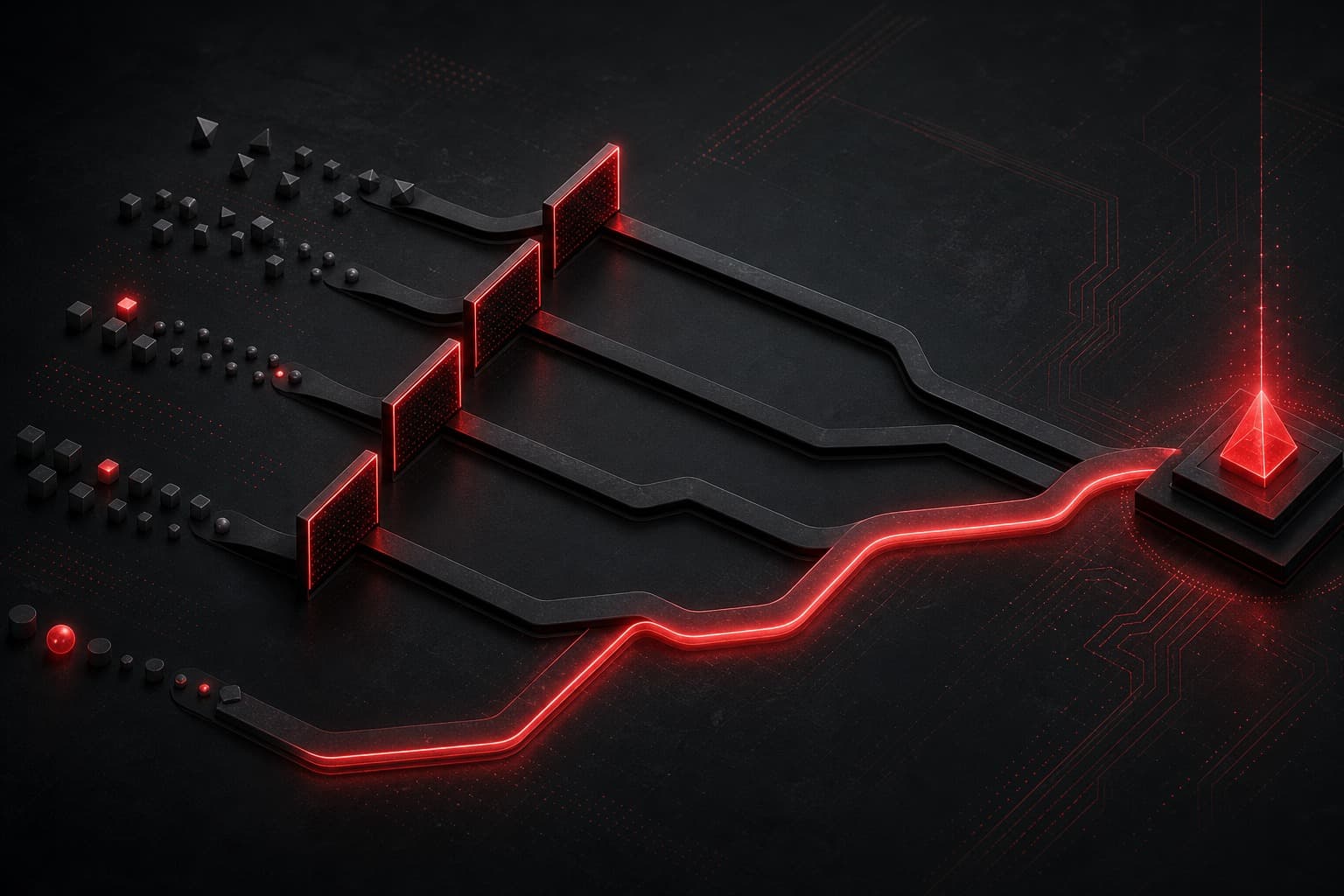 AI risk tiering shown as four dark service-workflow paths passing through red control gates toward a bright review beacon.