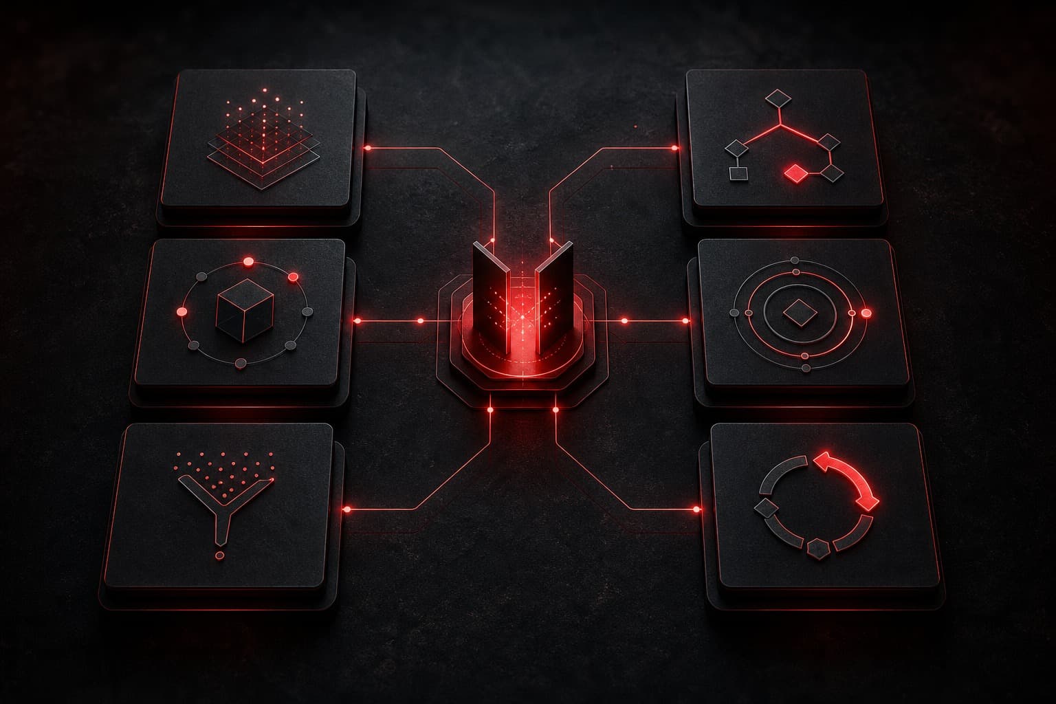 AI skills matrix for service teams shown as six dark capability tiles connected by red decision paths to a central review gate.