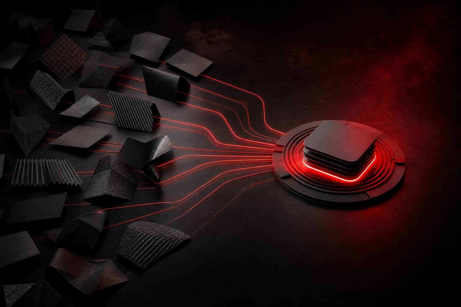 AI team capability shown as dark workflow tiles converging through red illuminated connections into an orderly operational hub.