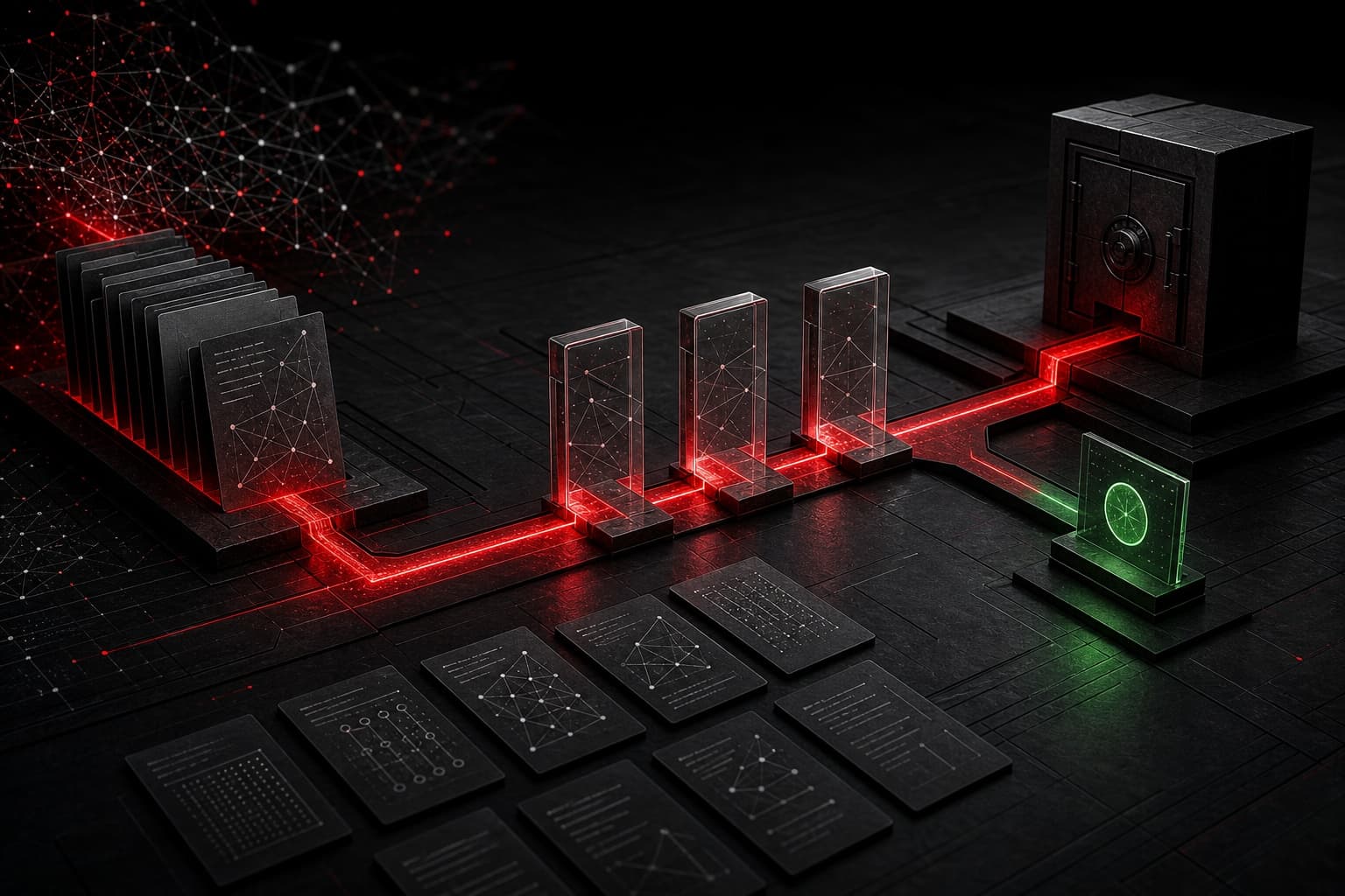 AI vendor due diligence for service teams represented by a red verification path moving through dark review gates toward an archival vault and approval signal.