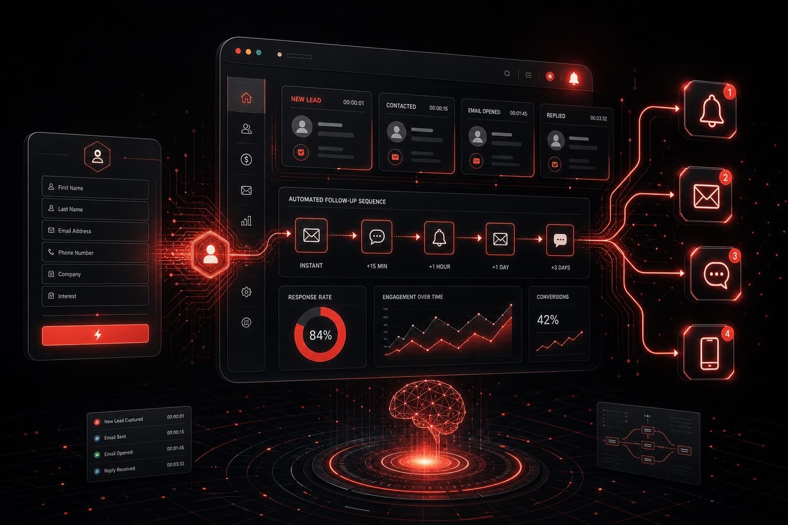 Automated lead follow-up system with CRM dashboard and workflow automation on dark background