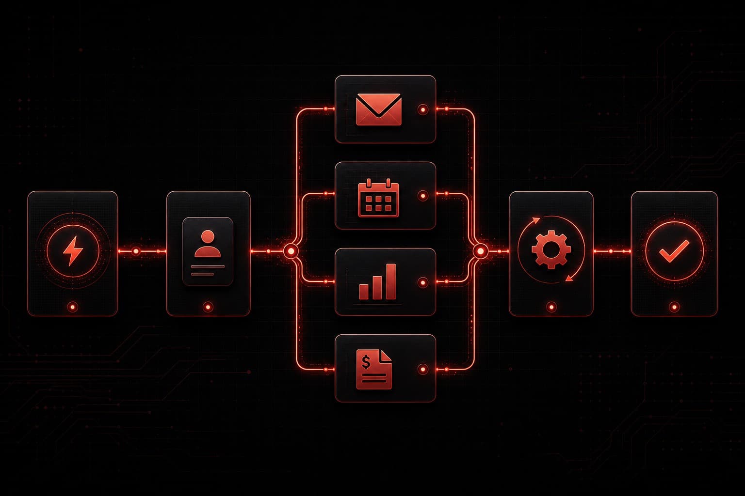 Business automation workflow diagram with connected process nodes on dark background