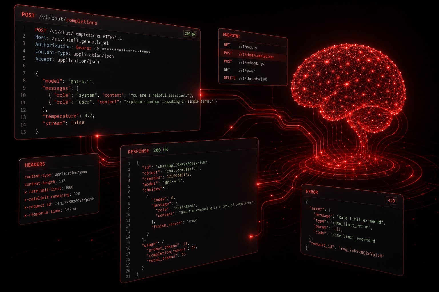 ChatGPT API development interface with code and neural network connections on dark background