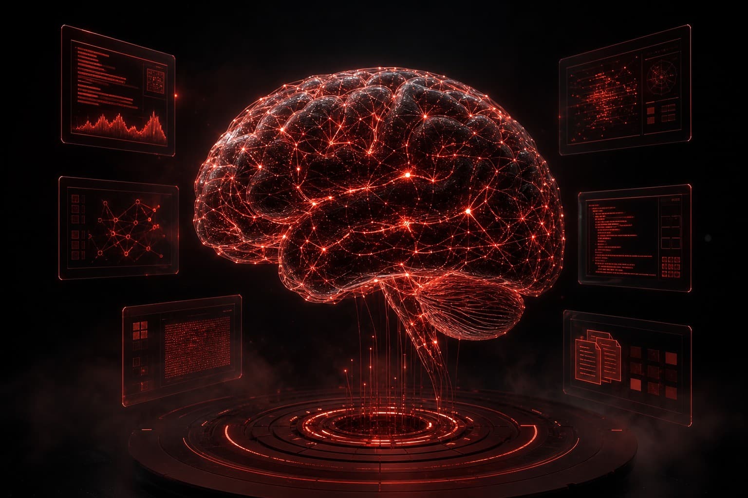 Futuristic AI brain with glowing red neural connections representing Claude AI by Anthropic on a dark cinematic background