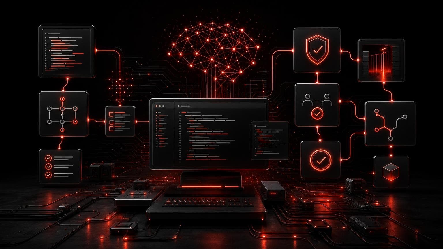 Claude Code automation command center connecting code, tests, permission gates, and business workflow approvals