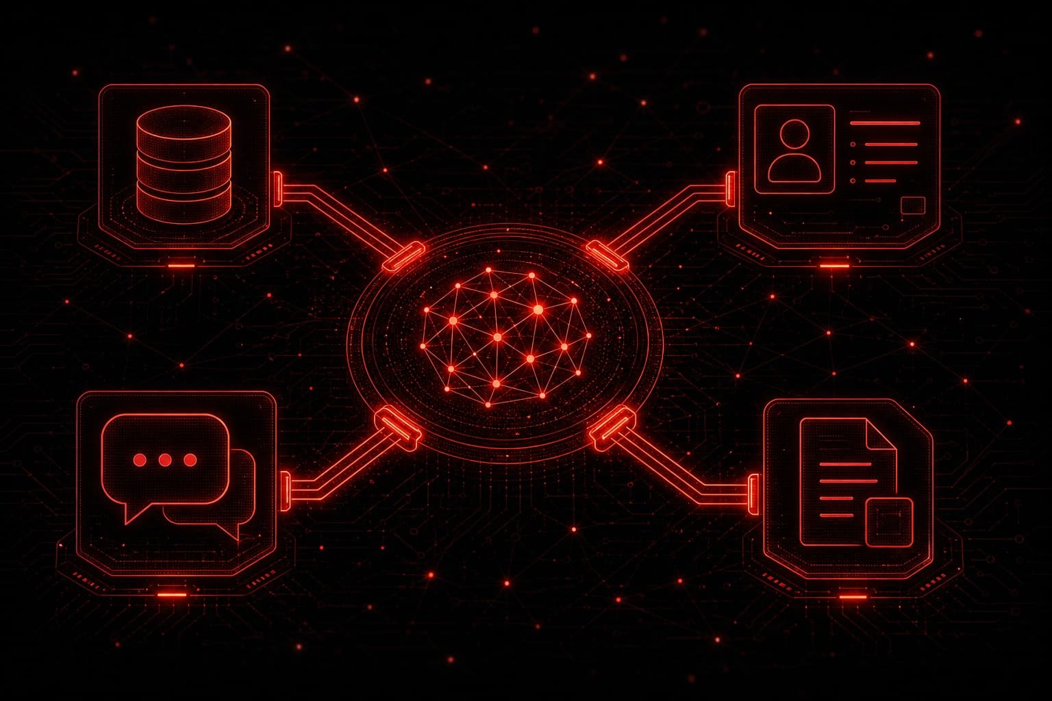 Claude MCP hub linking an AI agent to CRM, database, and automation tool nodes across a dark cinematic red circuit network
