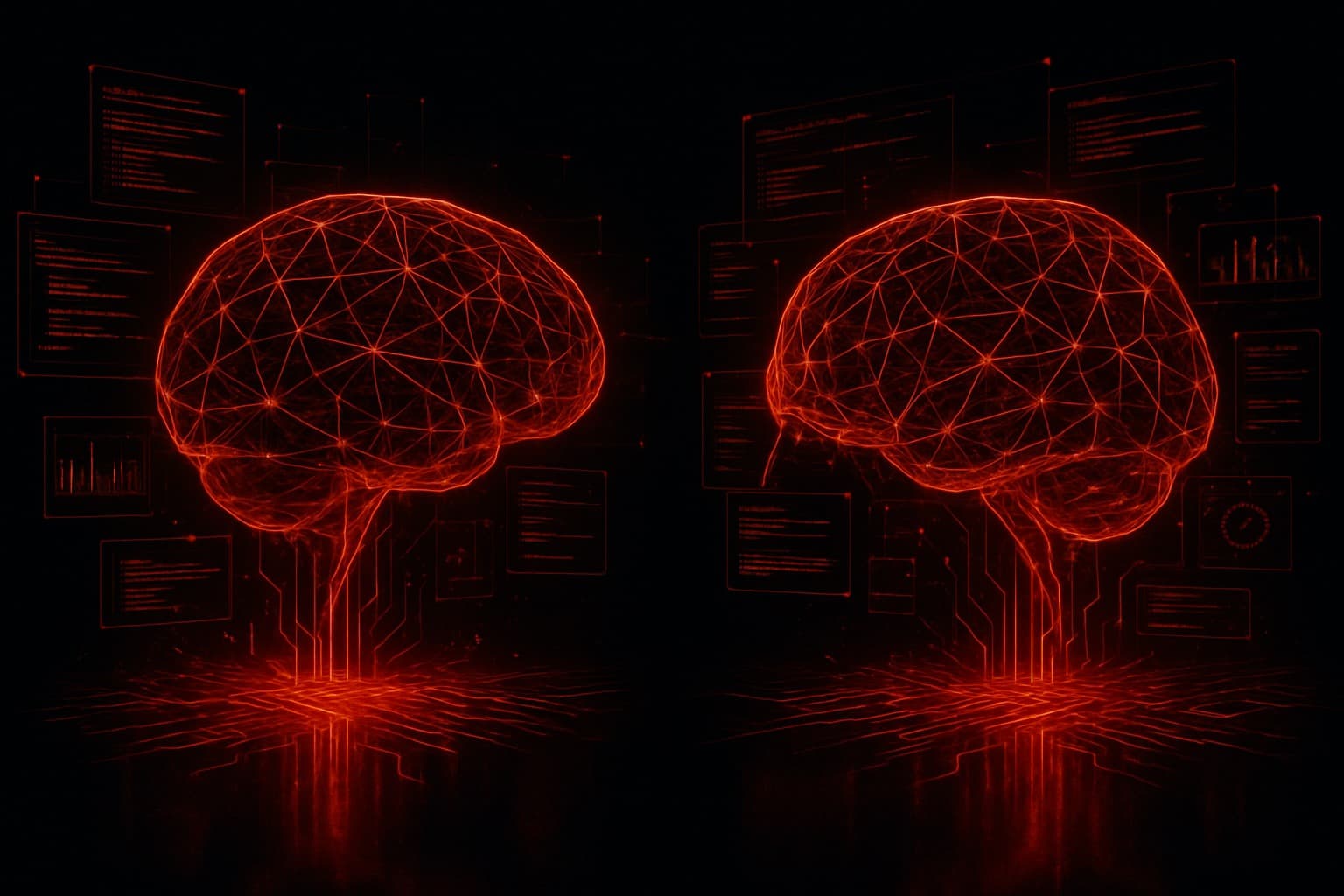 Dark cinematic illustration comparing Claude vs ChatGPT with glowing red neural network nodes and futuristic AI interface elements