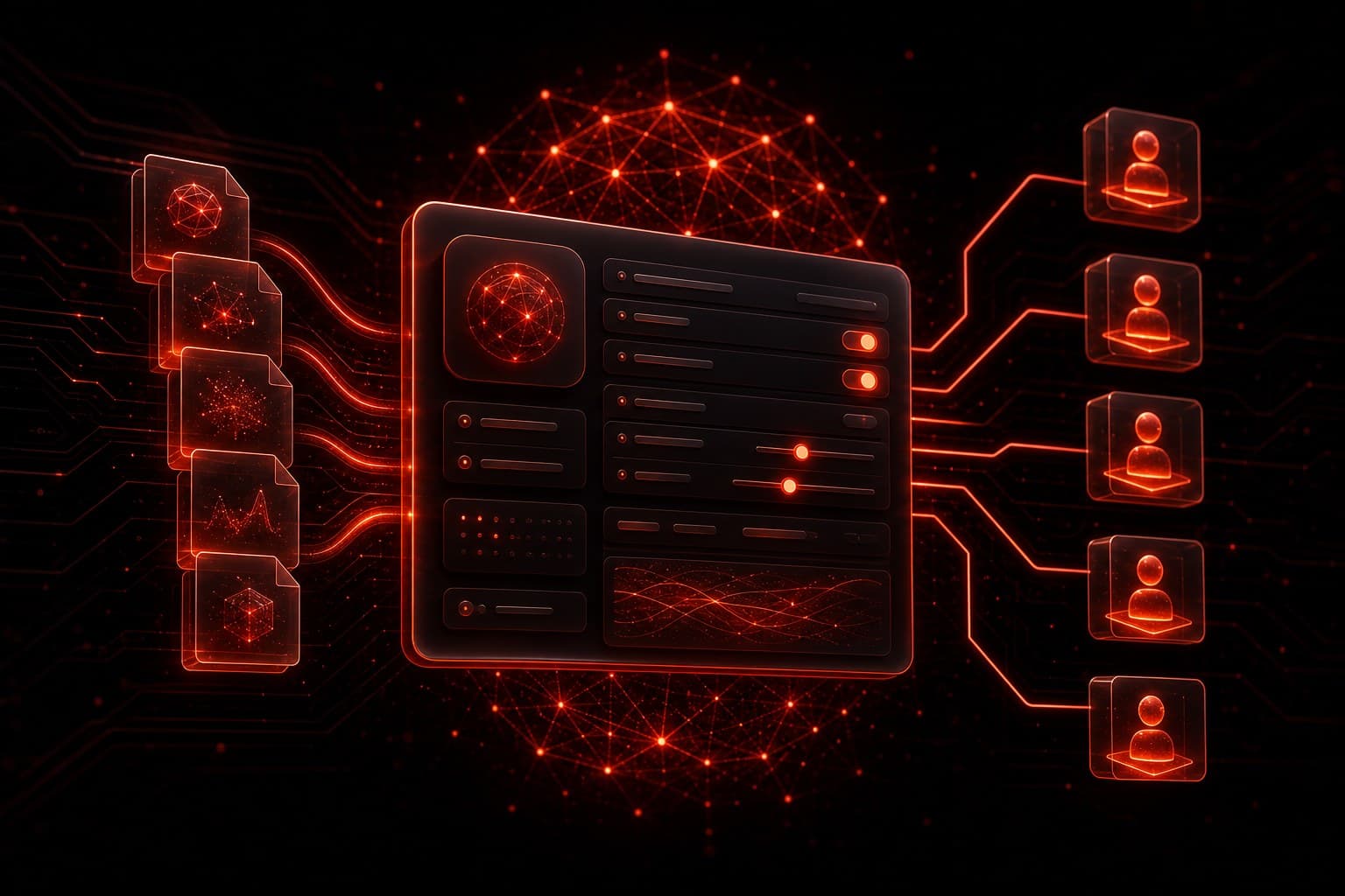 Custom GPTs for business builder panel with glowing red knowledge files feeding an AI assistant that branches to team members on a dark background