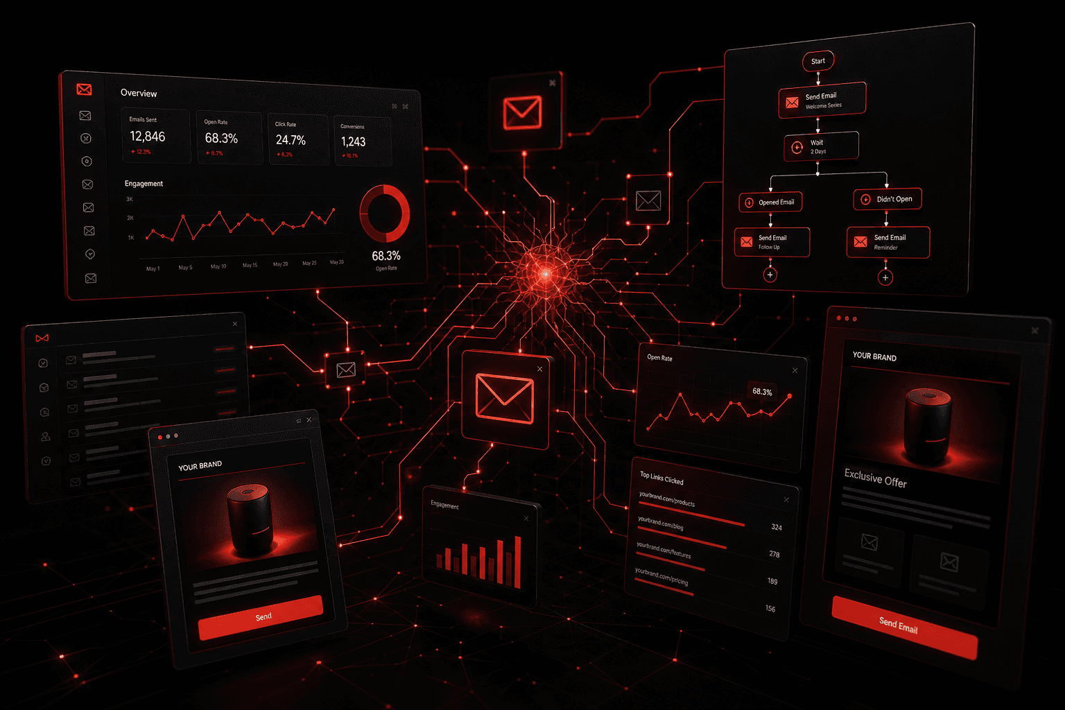GoHighLevel email marketing dashboard with automation workflows and campaign analytics on dark background