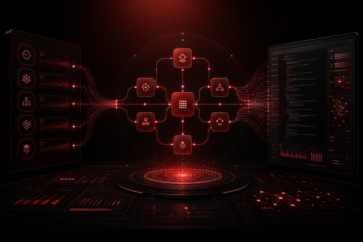 Hermes Agent for business automation shown as a dark red AI operations command center coordinating workflow tools