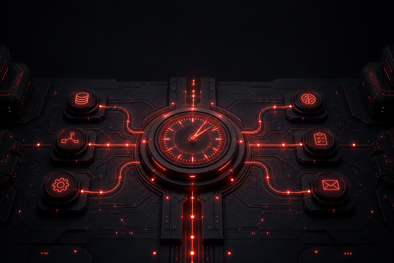 Hermes Agent cron jobs control hub with a glowing clock coordinating scheduled AI automation workflows