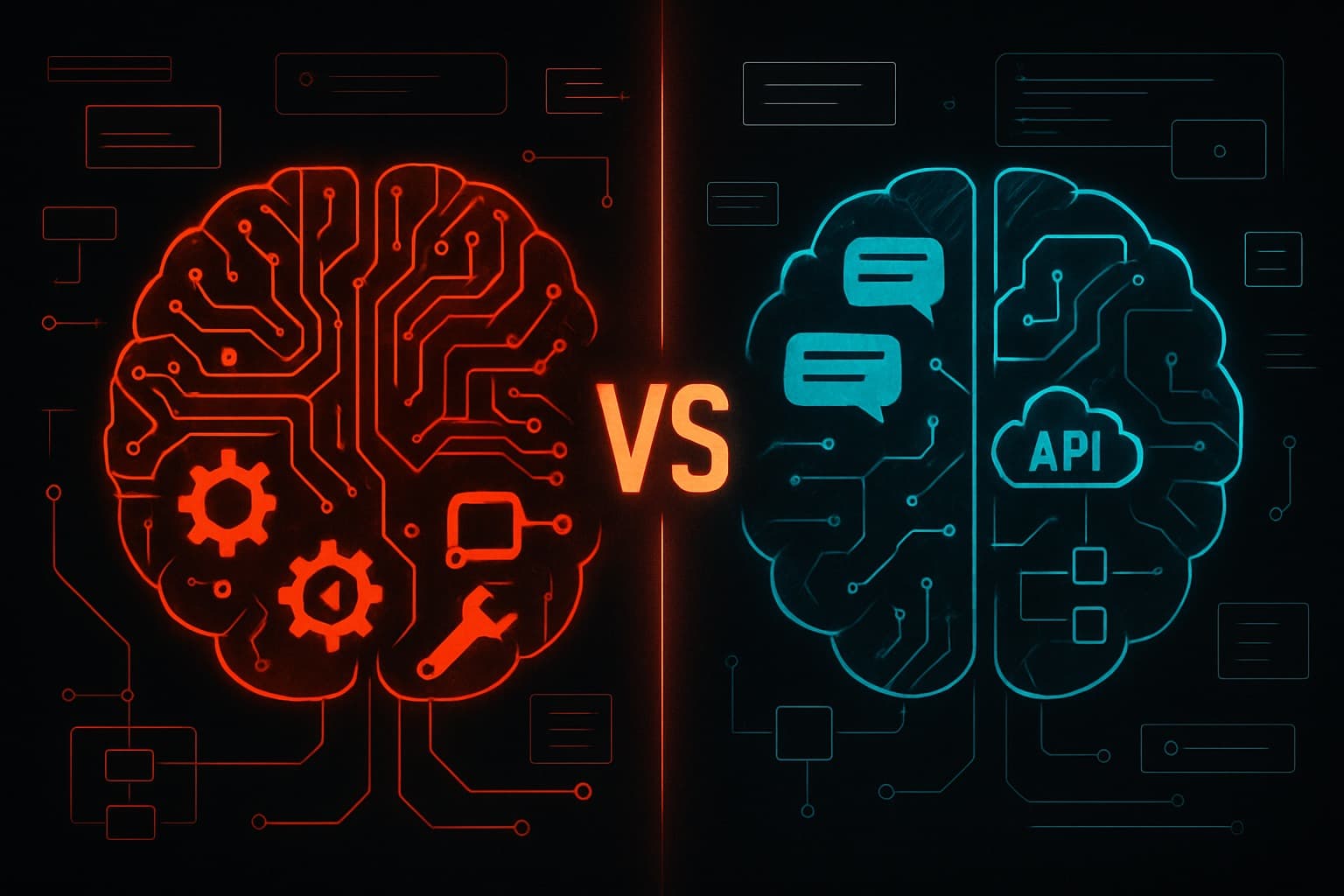 Hermes AI vs ChatGPT comparison with neural network nodes and automation workflow icons on dark background