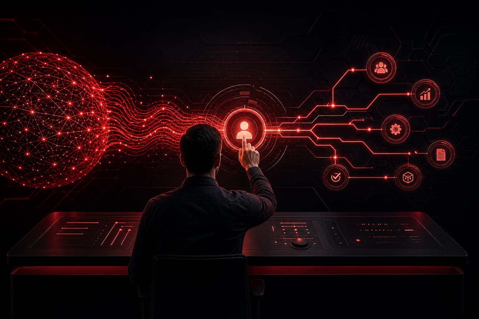Human operator approving a checkpoint between an AI network and connected business automation workflows