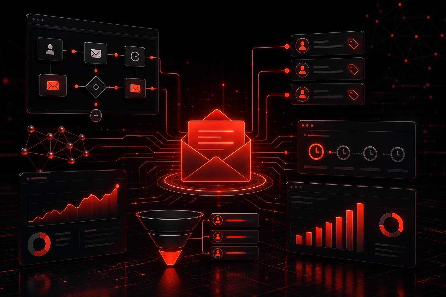 Kartra email marketing automation connecting email sequences, subscriber tags, timing rules, funnels, and analytics