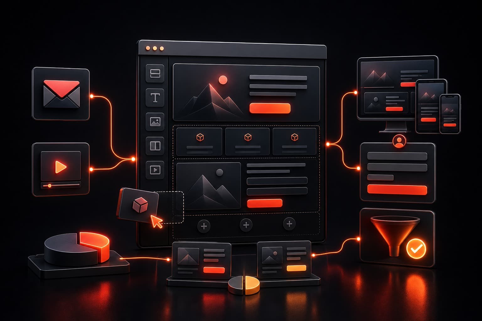 Kartra landing page builder workflow connecting modular page sections, responsive previews, lead capture, analytics, and conversion