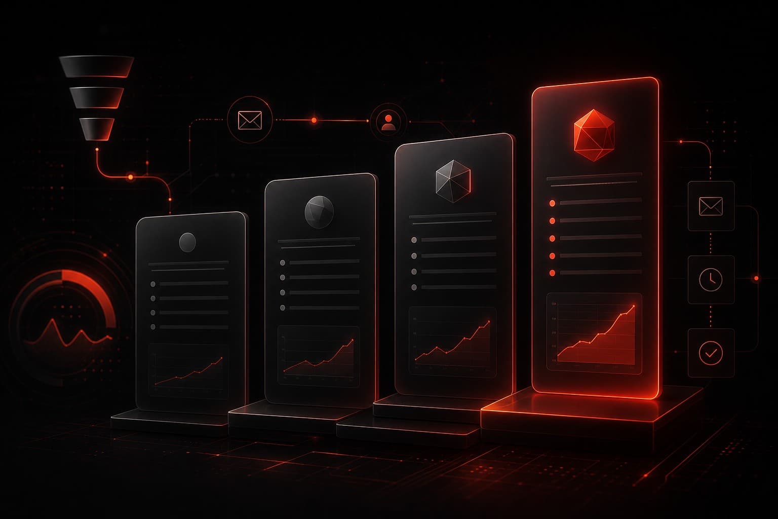 Kartra pricing plans shown as four glowing automation dashboard tiers with red accents