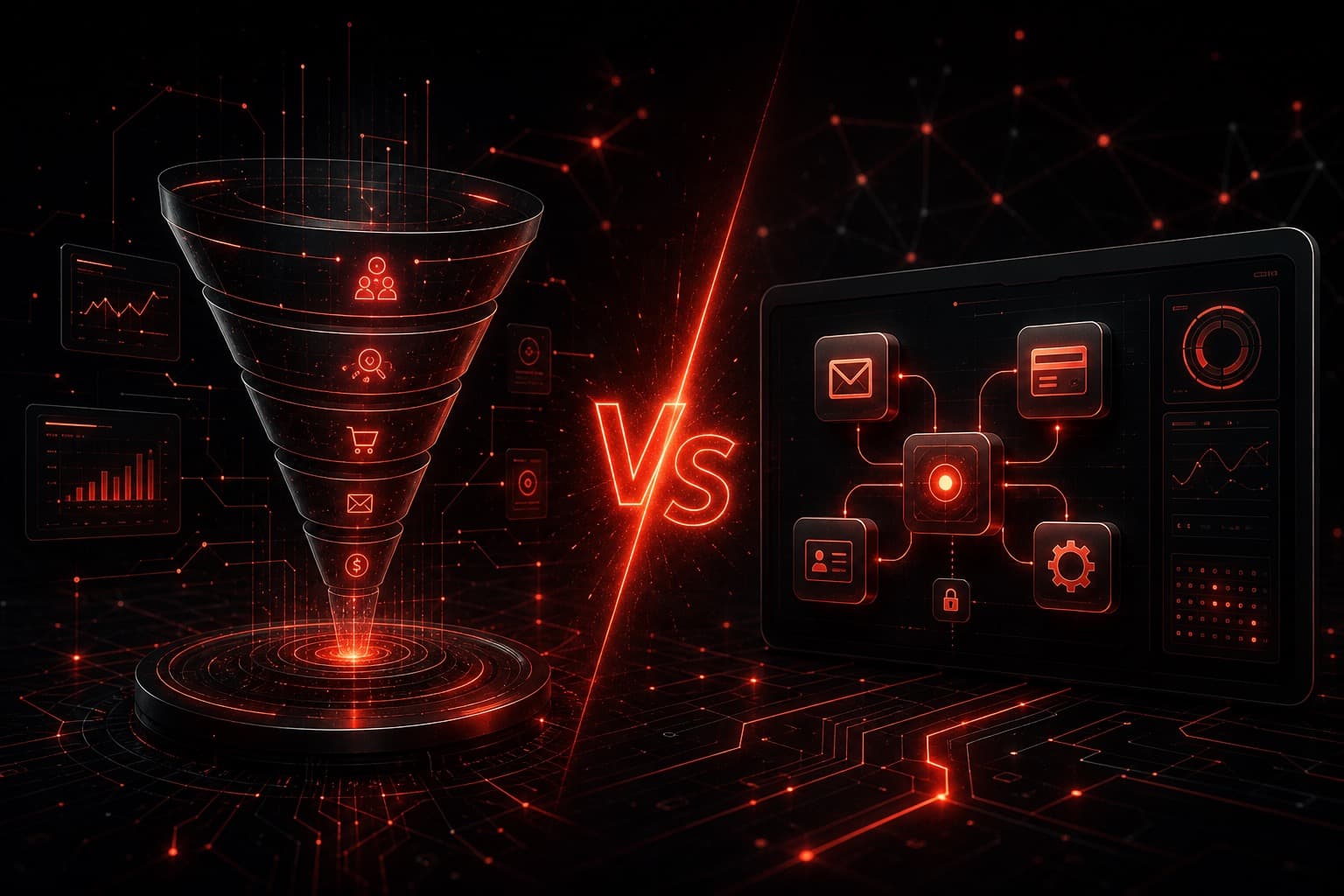 Kartra vs ClickFunnels comparison showing funnel builder and marketing automation dashboards