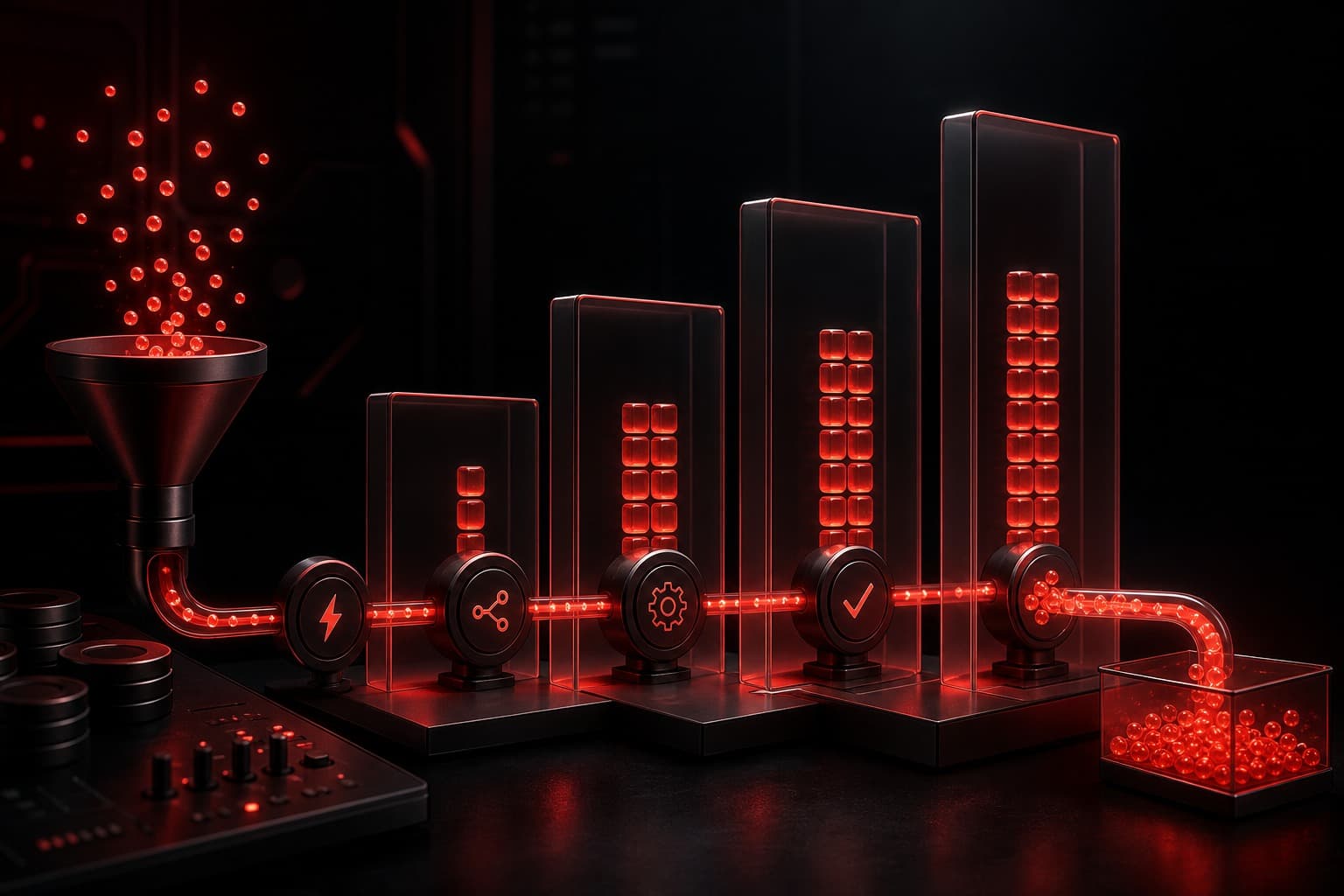 Make.com pricing credits flowing through four red automation plan tiers on a dark cinematic dashboard