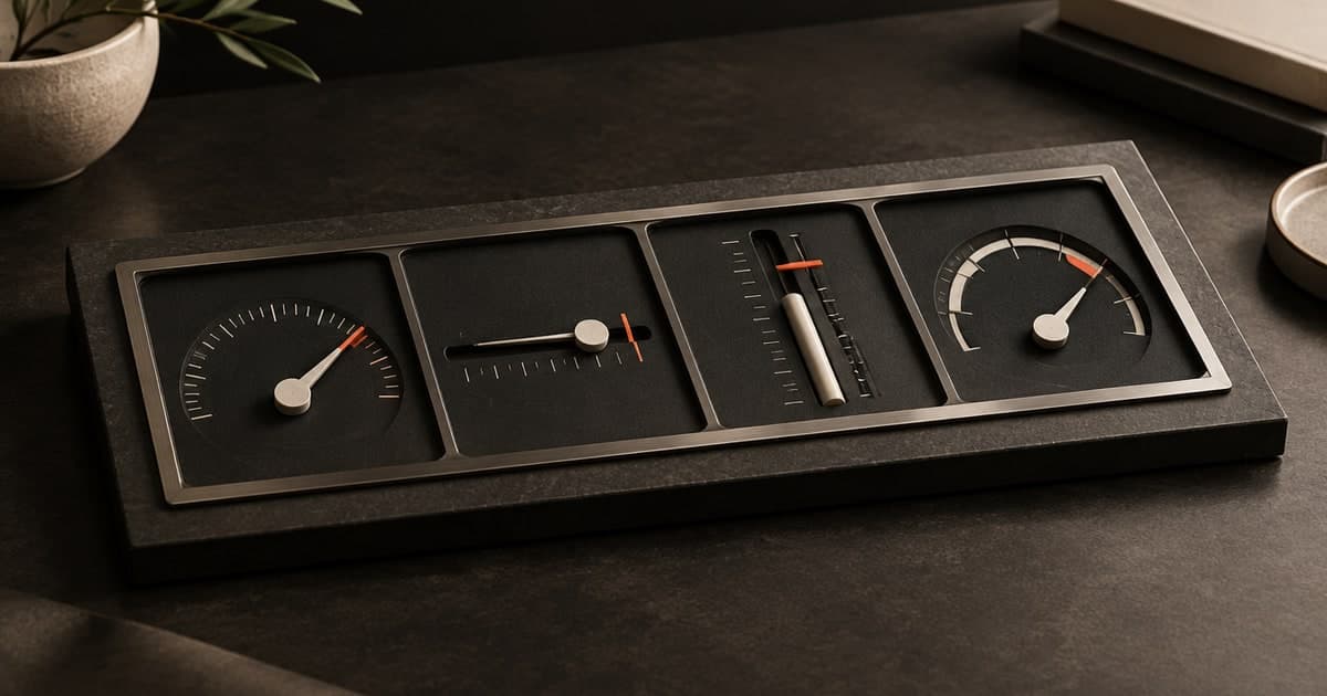 Four physical gauges with orange reference markers form a balanced business measurement scorecard.