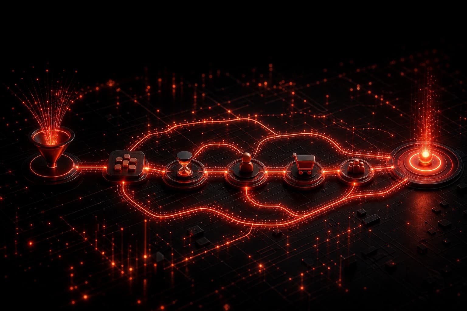 Ontraport campaign automation journey shown as a branching red workflow connecting lead capture, timing, human follow-up, purchase, and onboarding