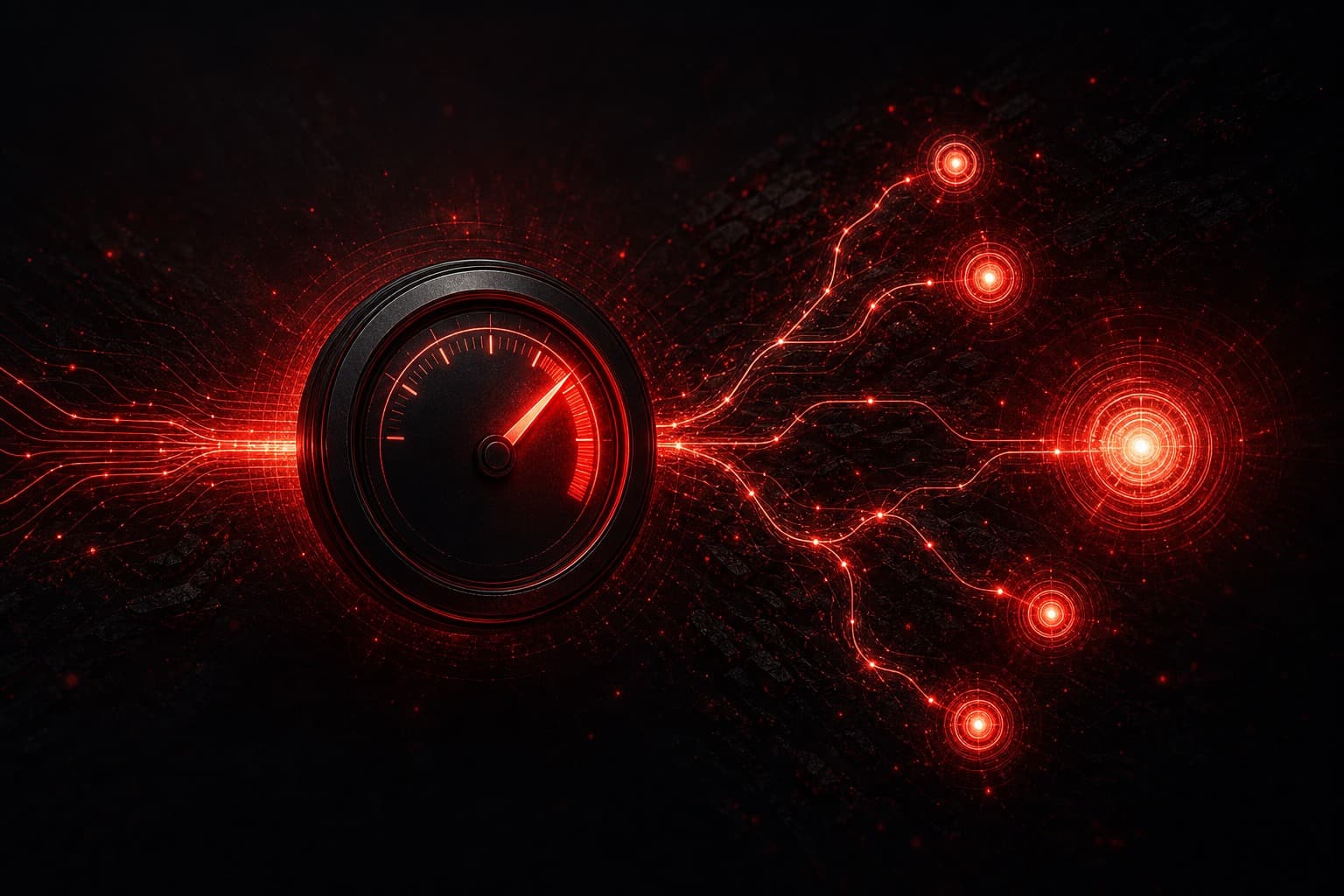Ontraport lead scoring visualized as a red priority gauge routing qualified signals through a dark automation network