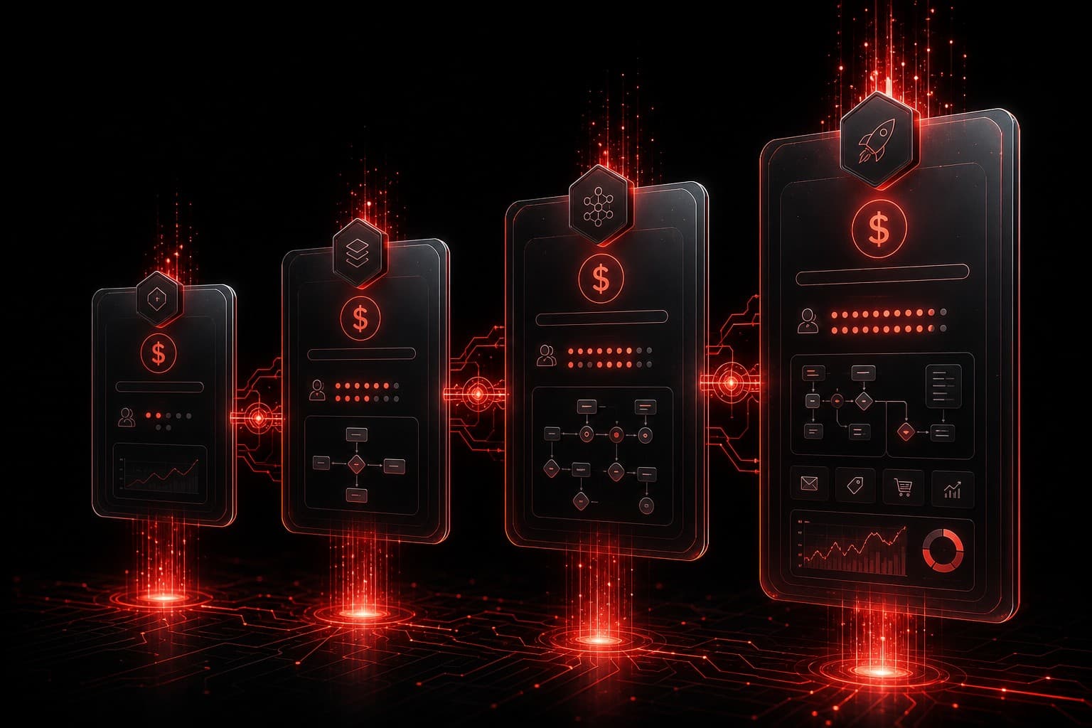 Ontraport pricing plans comparison with glowing red tier nodes on a dark futuristic dashboard