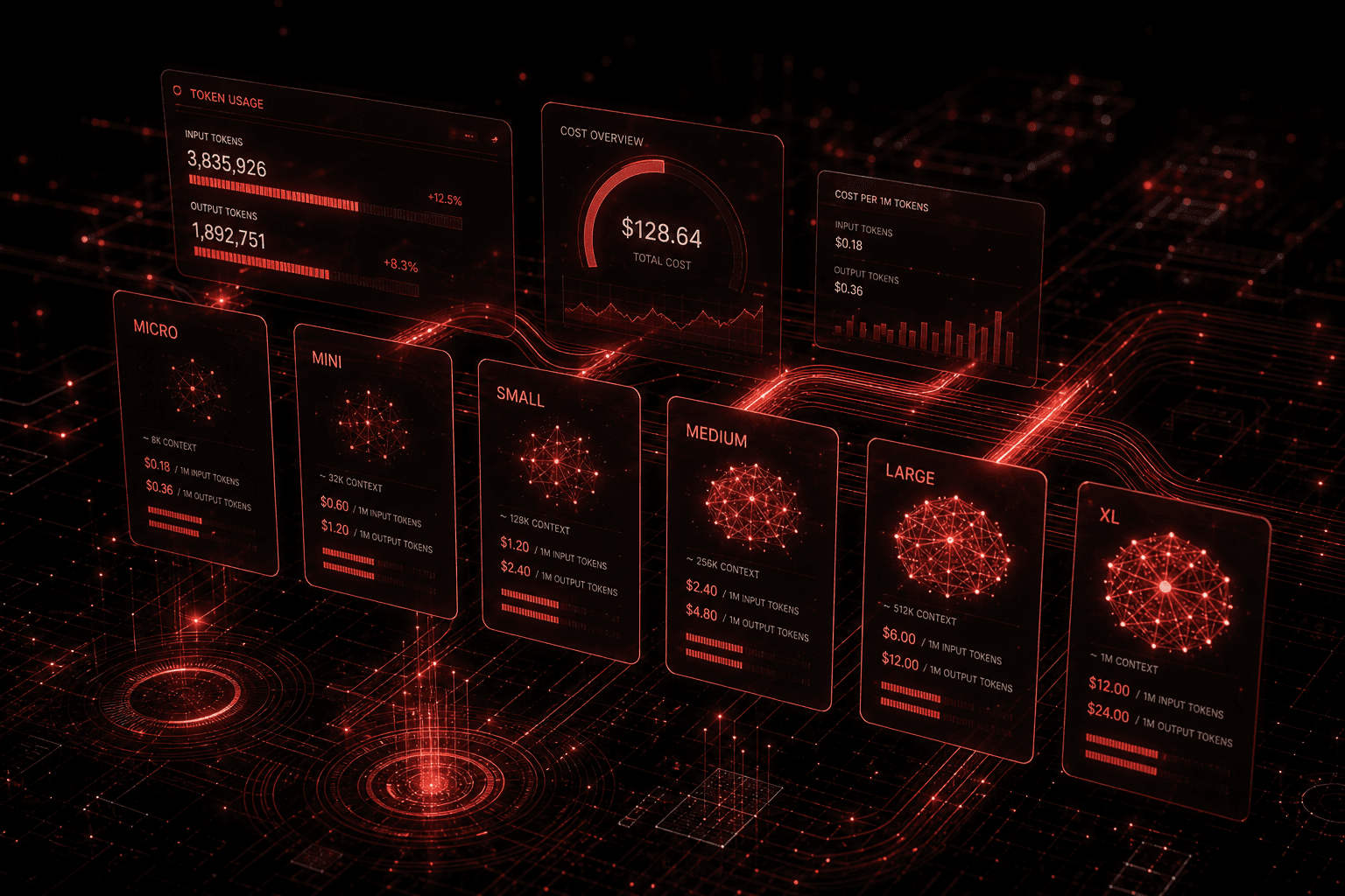 OpenAI pricing dashboard with red-accented API cost tiers and neural network nodes on a dark cinematic background