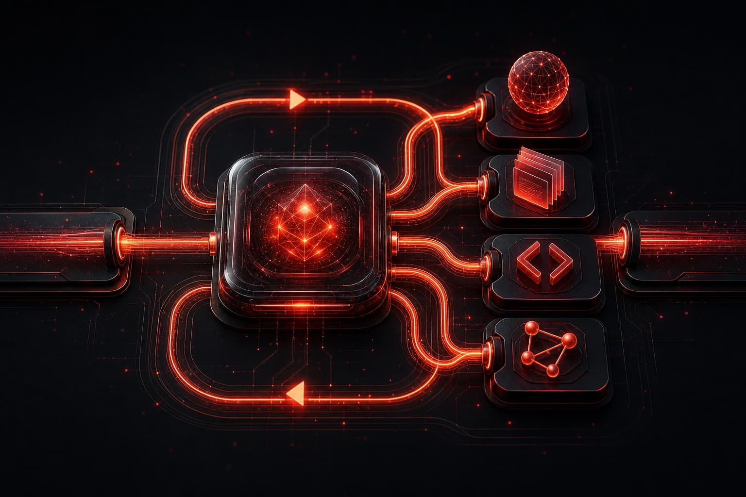 OpenAI Responses API orchestration core routing one request through connected search, file, code, and custom function tools