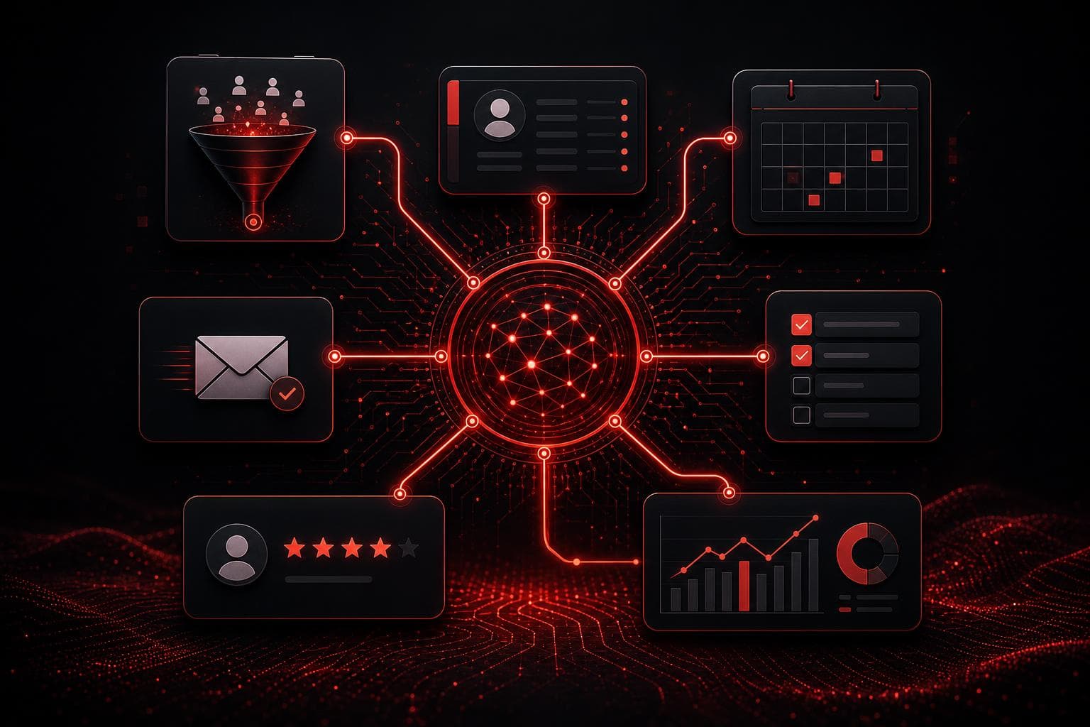 Small business workflow automation connecting lead capture, CRM, scheduling, follow-up, tasks, reviews, and reporting