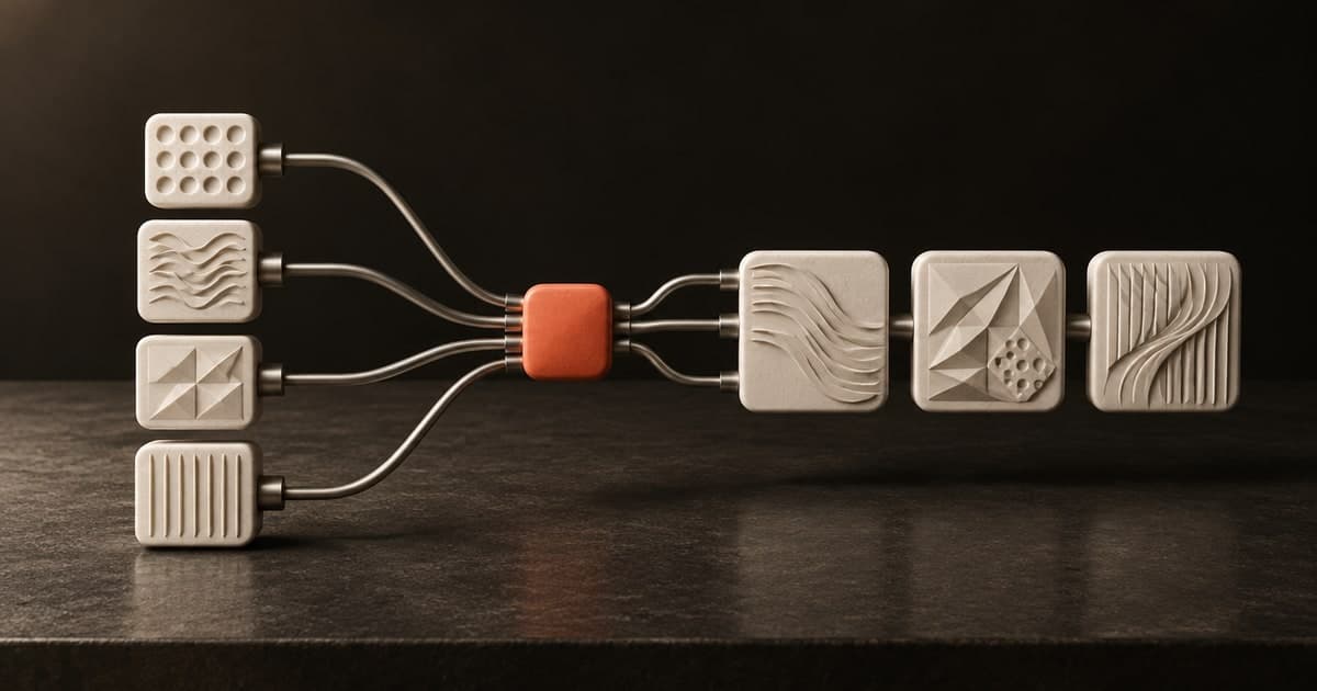 Distinct ivory knowledge tiles connect through an orange junction into shared workflow modules.