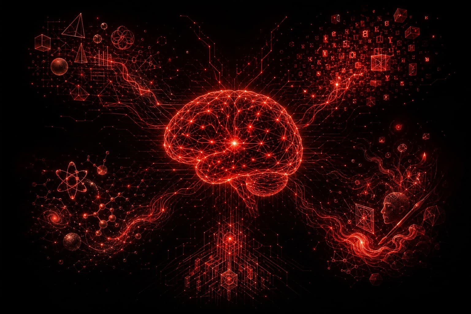 Glowing neural network brain representing artificial general intelligence with red circuit connections on a dark background