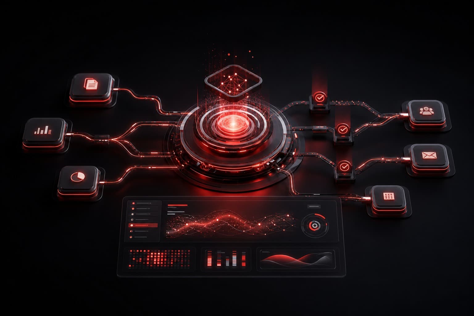 Zapier Agents workflow control center coordinating connected business app nodes in a dark red cinematic interface