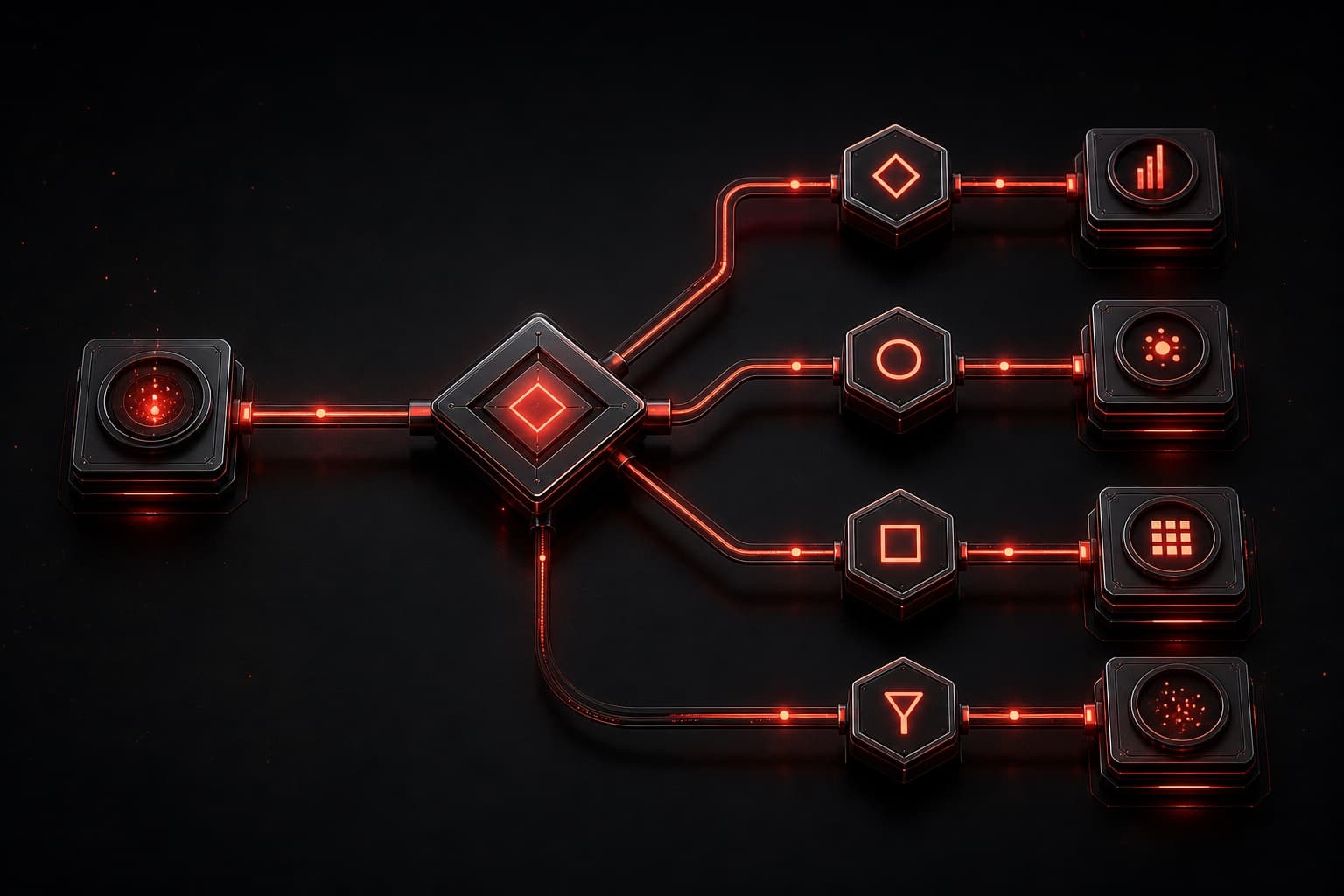 Zapier Paths workflow splitting one input through conditional gates into distinct red-lit automation routes