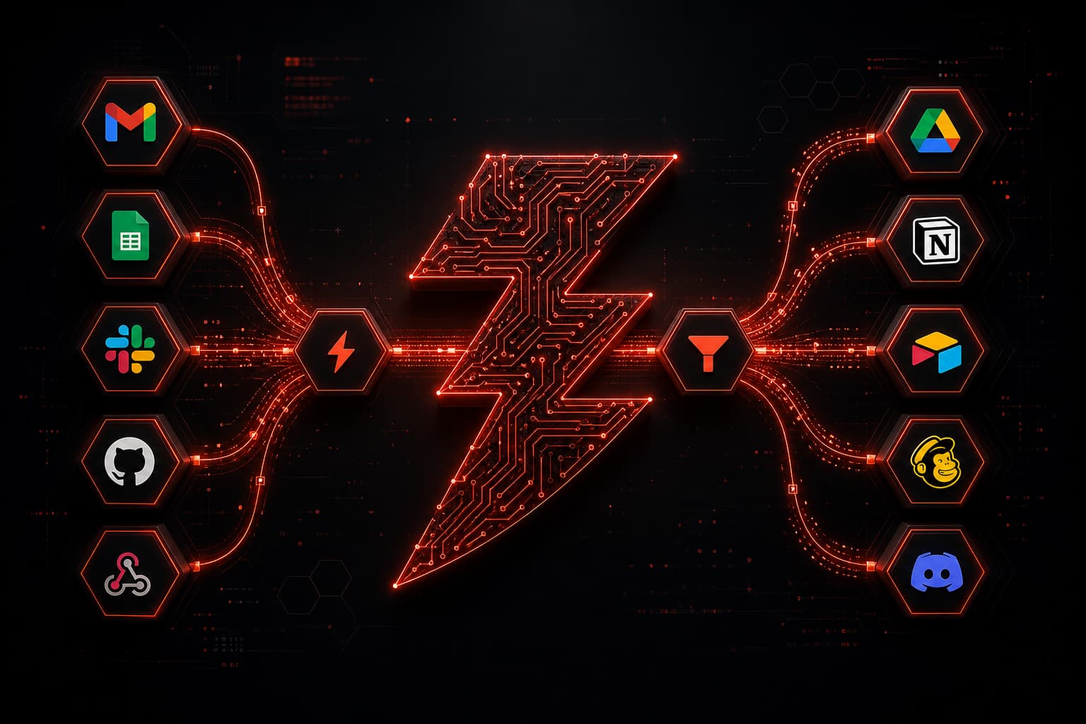 Zapier automation workflow diagram with connected app nodes and glowing red accents on dark background