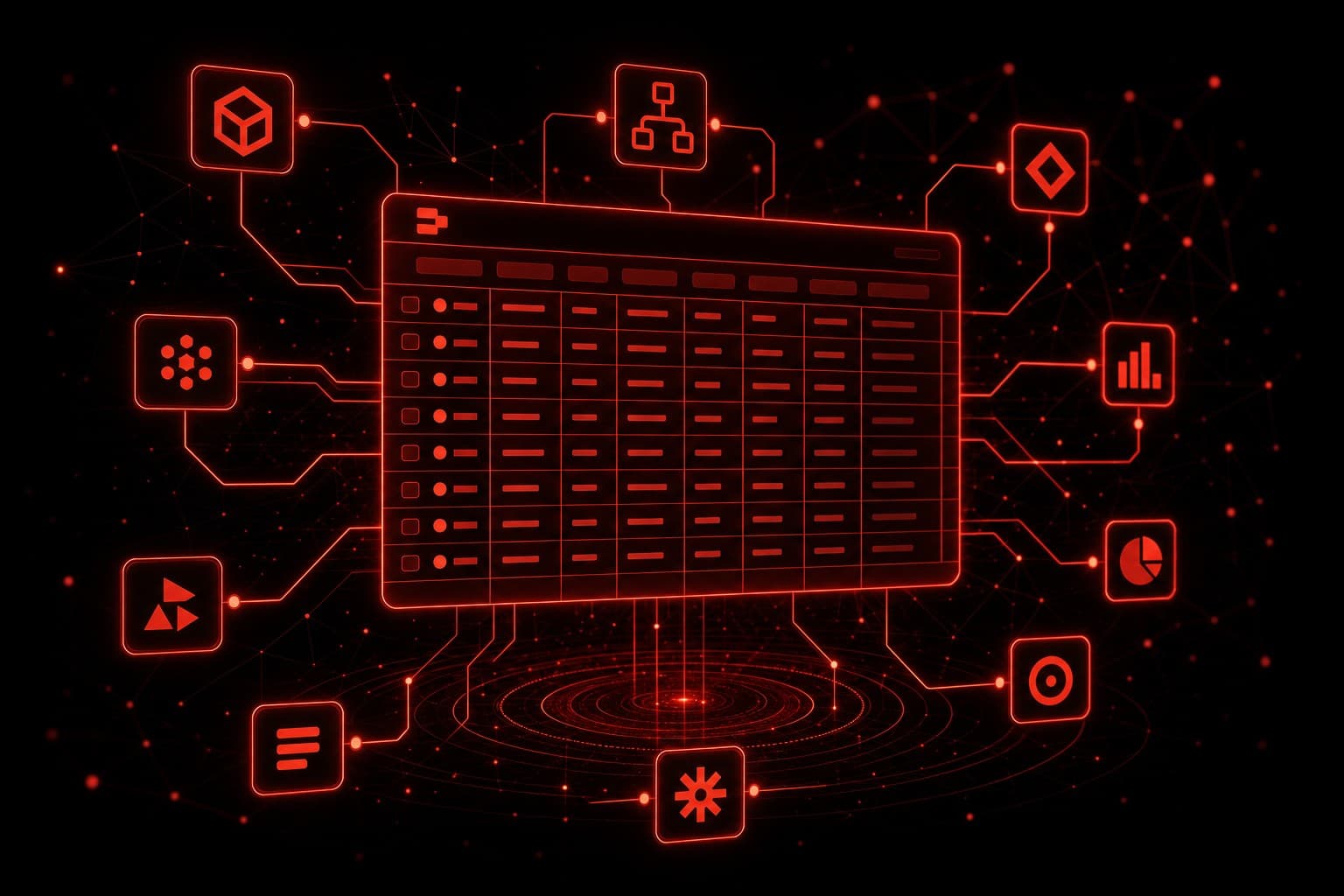 Zapier Tables no-code database grid glowing red on a dark automation control panel with connected Zap workflow nodes